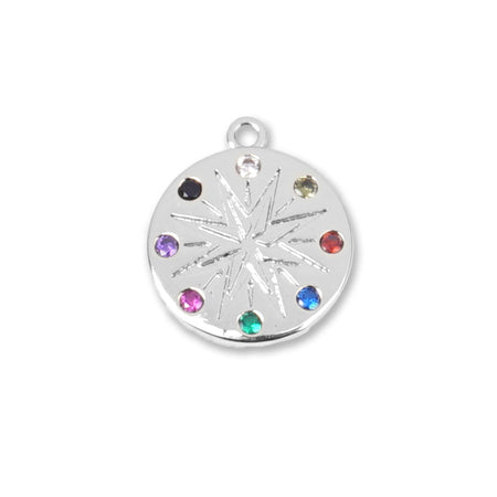 14mm Starburst with Multi Color Crystals Silver Plated Brass Charm/Pendant - Goody Beads