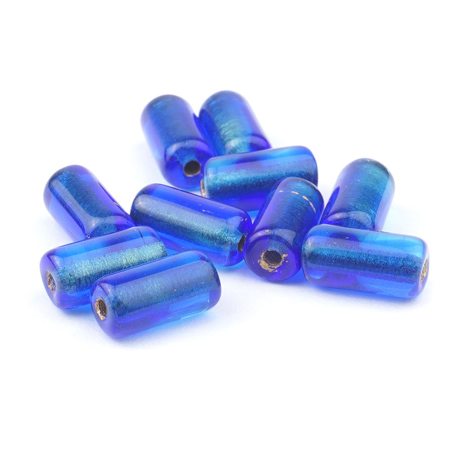 14x7mm Sapphire Blue with Gold Lining Czech Glass Large Hole Tube Beads - Goody Beads