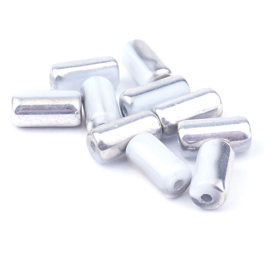 14x7mm White with Silver Finish Czech Glass Large Hole Tube Beads - Goody Beads