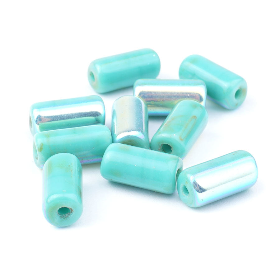 14x7mm Teal Green with Picasso and AB Finish Czech Glass Large Hole Tube Beads - Goody Beads