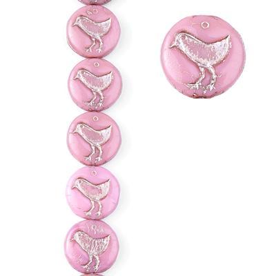 12mm Rose Pink with Silver Wash Bird Coin Czech Glass Beads from Raven's Journey - Goody Beads