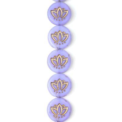 14mm Lavender Opaque with Dark Bronze Wash Lotus Coin Czech Glass Beads from Raven's Journey - Goody Beads