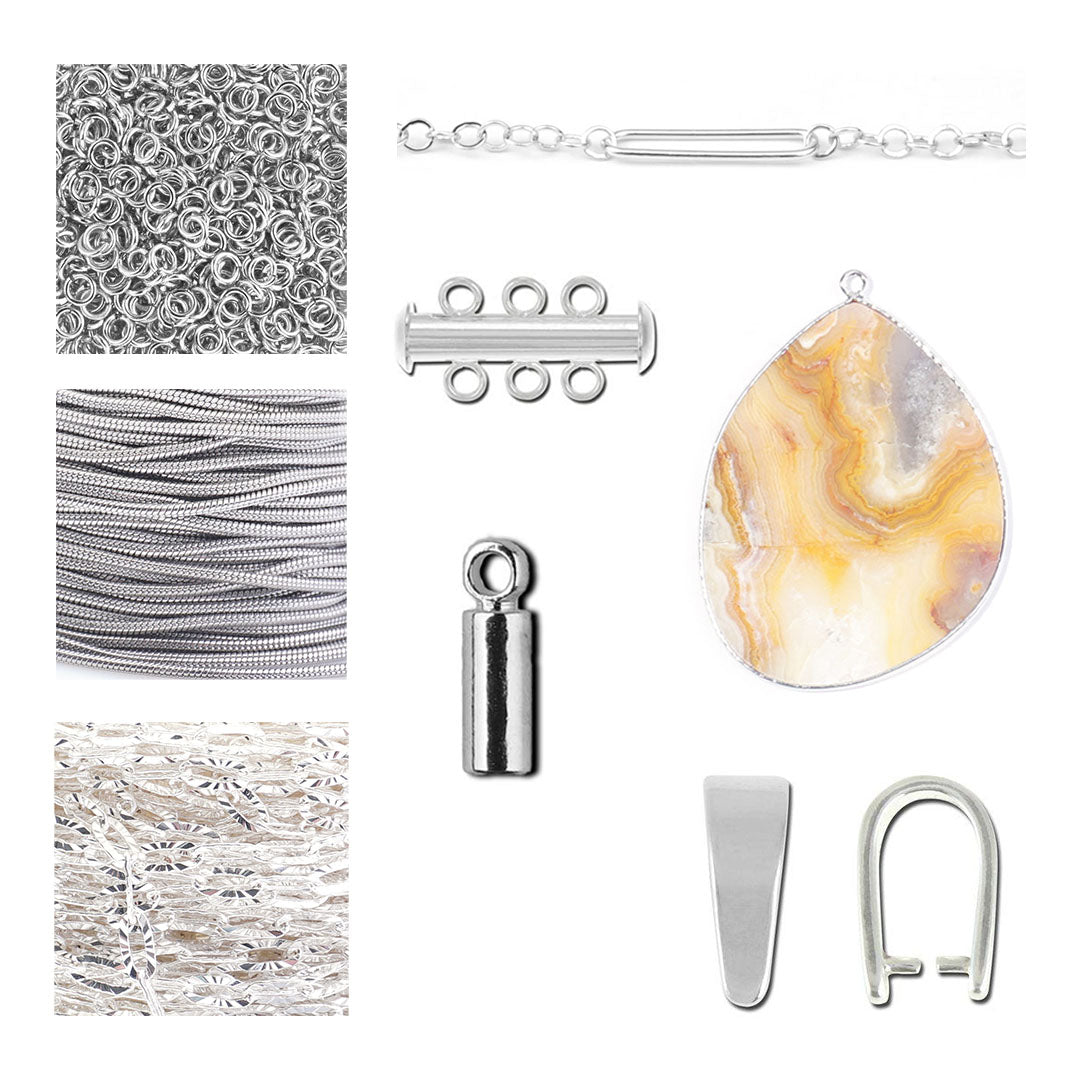 DIY Triple Layer Silver Necklace with Crazy Lace Agate Slice - Goody Beads