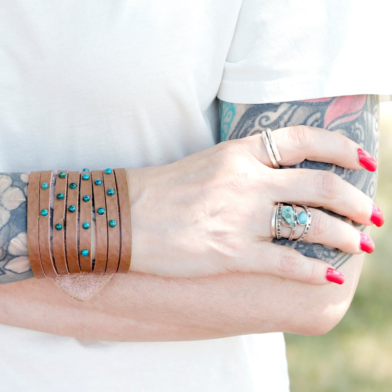 DIY Wide Shredded Leather Cuff with Chrysocolla Coin Cabochons - Goody Beads